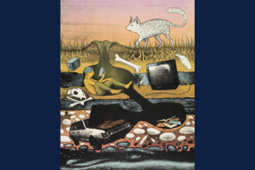 Image of a print showing subterranean chambers with a person reading a book and items such as a car, toaster and dust buster.