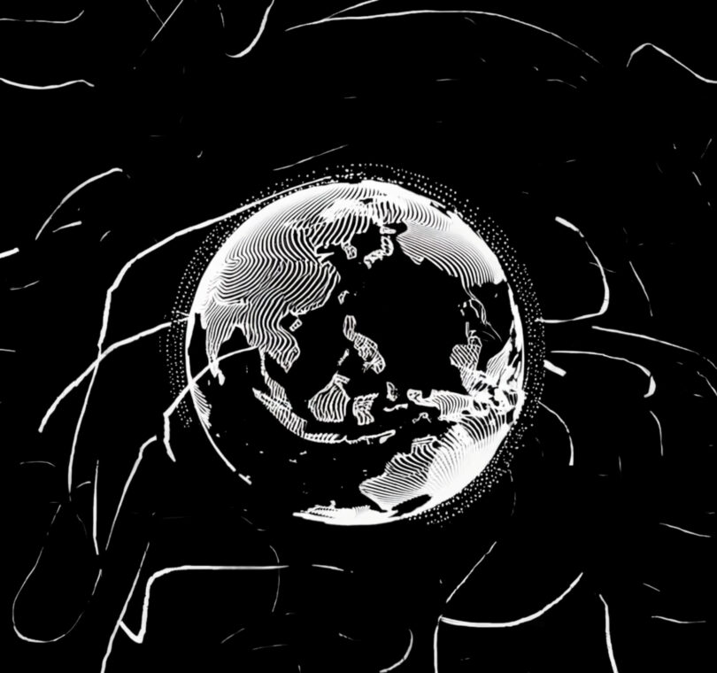 Black-and-white image of a line drawing of the Earth.
