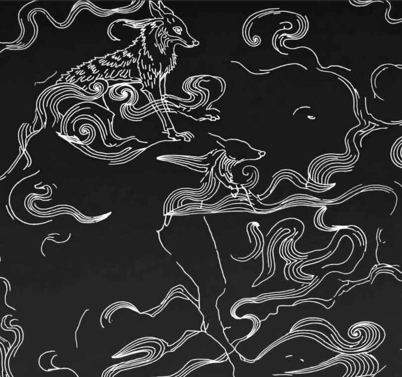 Black-and-white image of a line drawing that features animals.