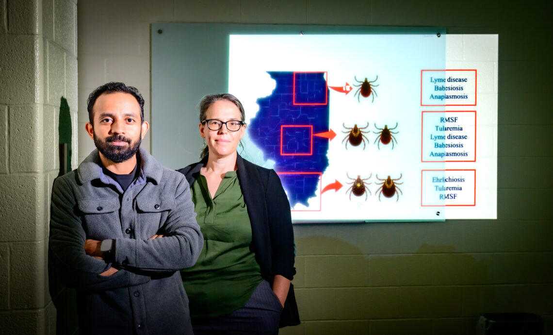 Photo of researchers standing beside a map of Illinois with tick species found in different parts of the state.