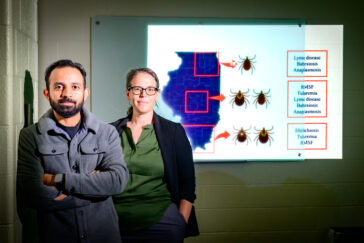 Photo of researchers standing beside a map of Illinois with tick species found in different parts of the state.