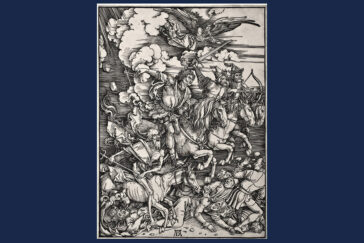 Photo of Albrecht Dürer woodcut “The Four Horsemen.”