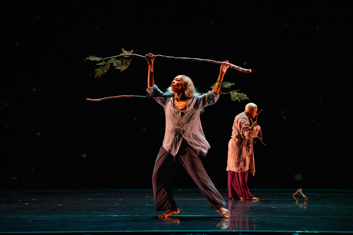 Photo of Roxane D'Orleans Juste onstage holding a branch with some leaves overhead, with her sister Sonia in the background.
