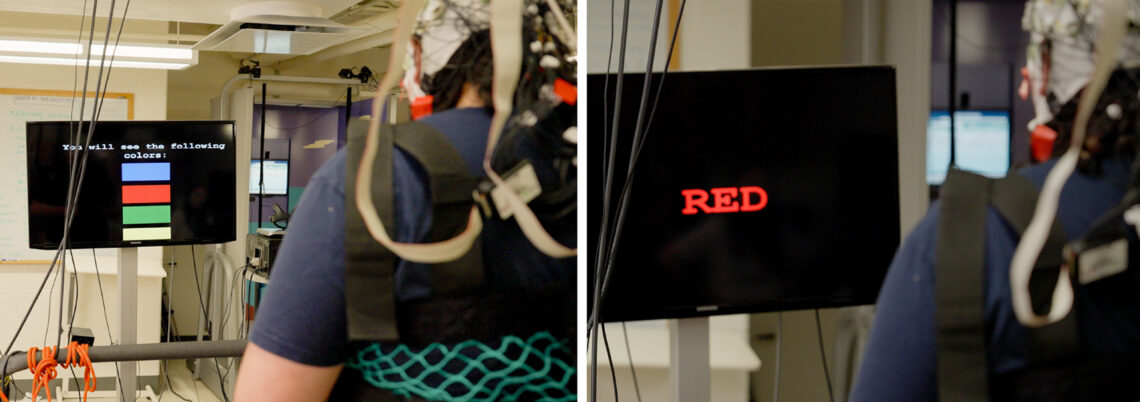 Two photos of a participant from behind with a view of information on a computer monitor. On the left, the screen says