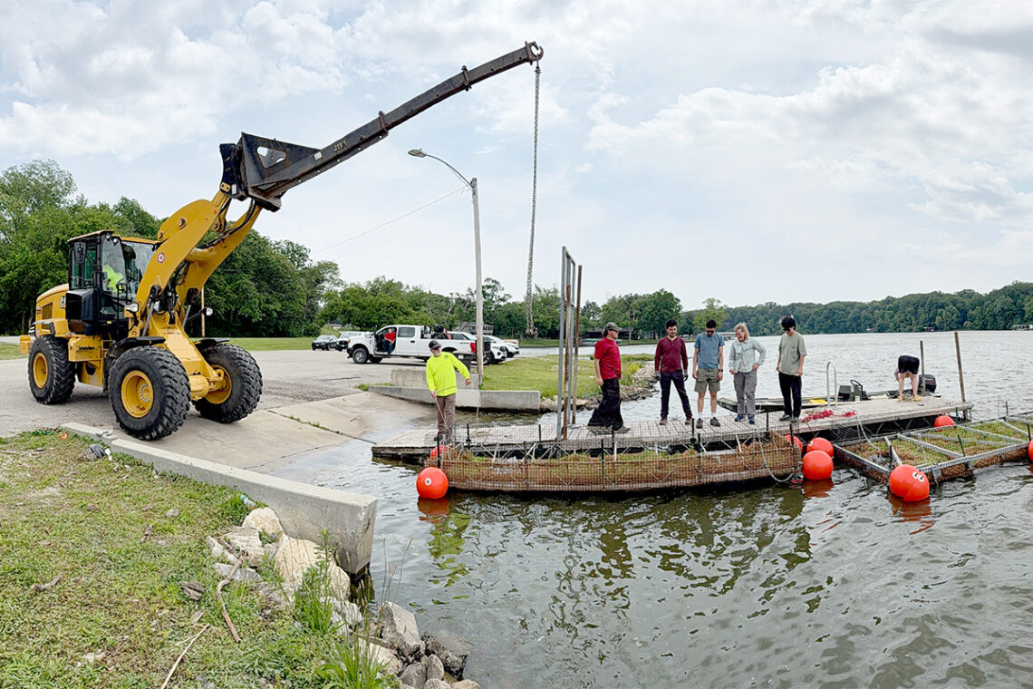 photo of a crane unloading two floating wetland structures into Lake Decatur.