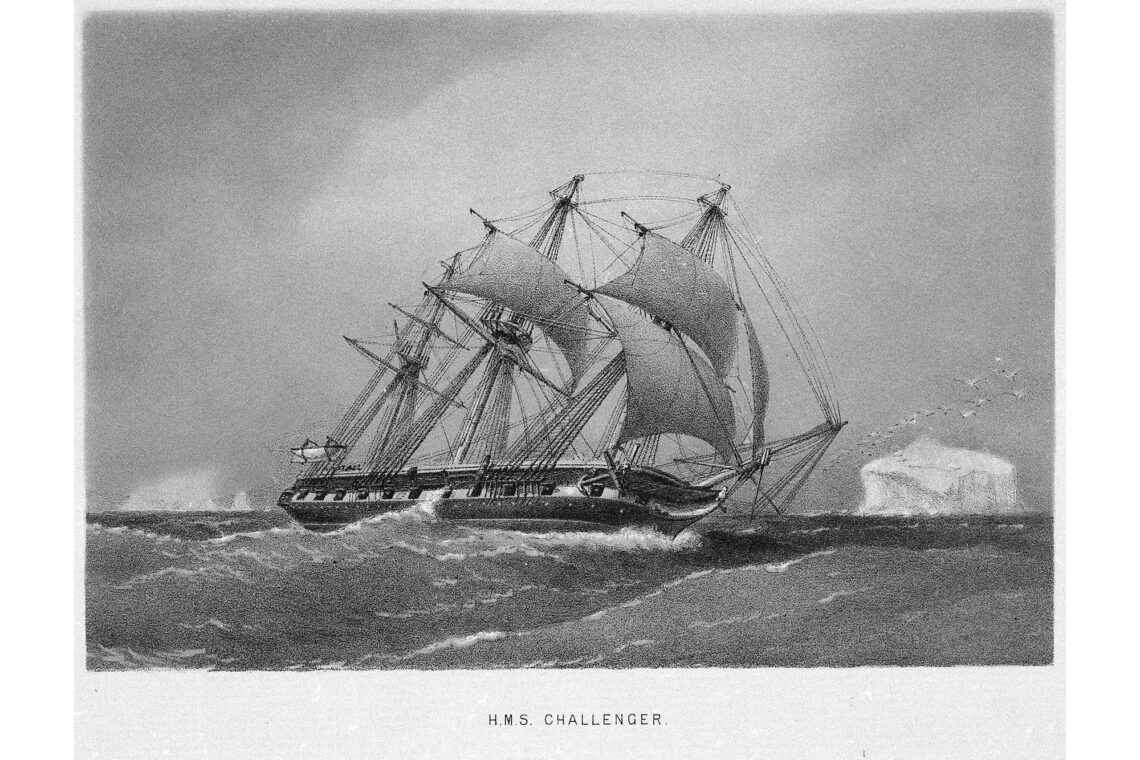 Black and white print of the HMS Challenger ship with its sails up on the sea.