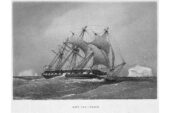 Black and white print of the HMS Challenger ship with its sails up on the sea.