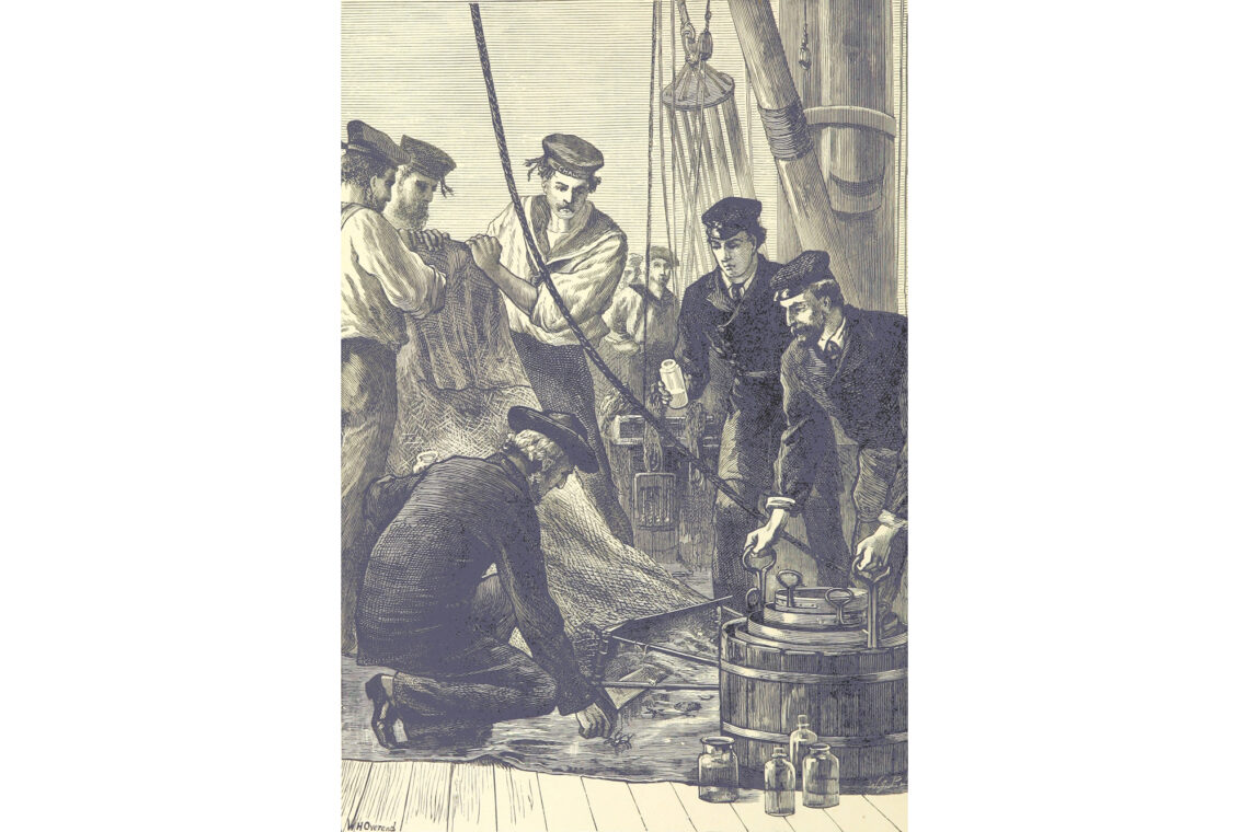 Black and white print showing several people onboard a ship looking at items that were dredged from the sea floor.