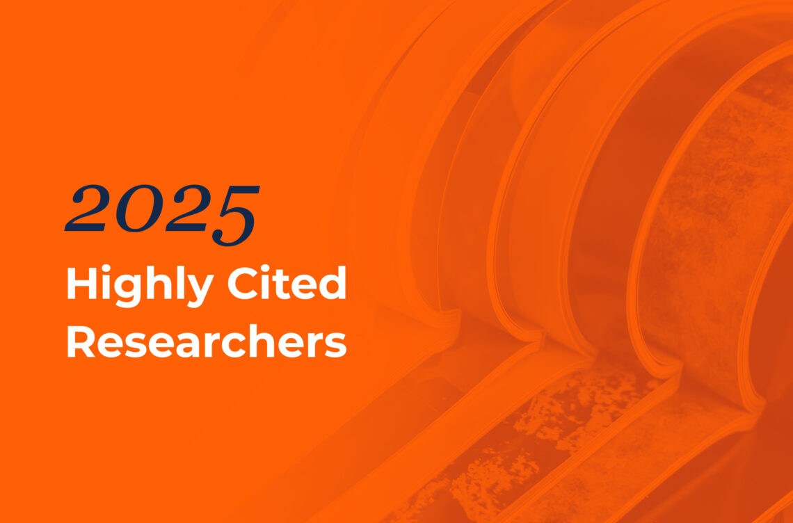 Graphic says: 2025 Highly Cited Researchers. Background is orange with an image of journal articles stacked and open.
