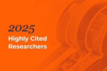 Graphic says: 2025 Highly Cited Researchers. Background is orange with an image of journal articles stacked and open.
