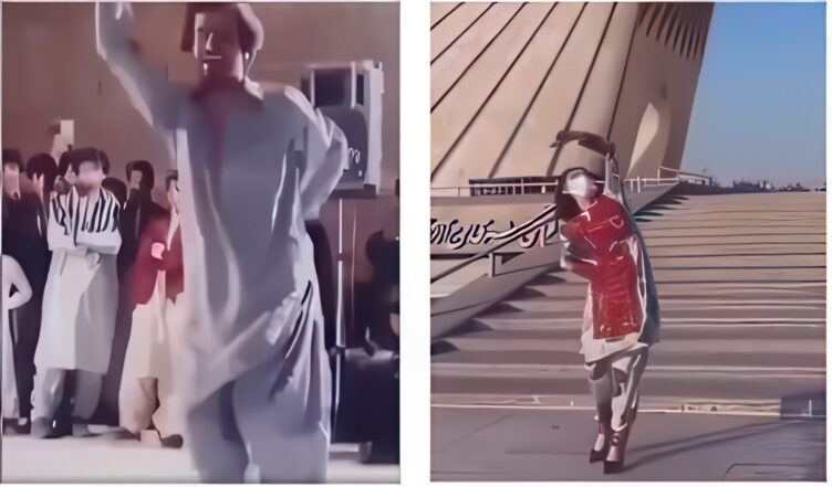A still photo of Khudanoor Lojei dancing with a crowd of spectators behind him (left) and a young woman in Azadi Square-Tehran reenacting his dance (right).