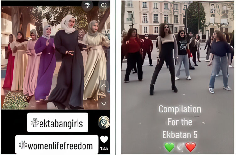 A group of young Muslim women wearing long dresses and hijabs dancing publicly to show solidarity (left), and a group of women in a European country dancing to show their support of the girls (right).