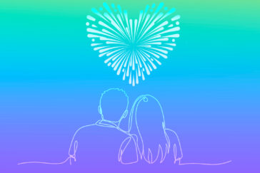 Line drawing of a couple embracing while watching fireworks in the sky