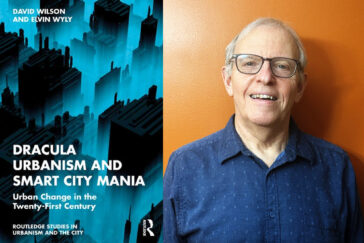 Diptych image with book cover of "Dracula Urbanism and Smart City Mania" and headshot of David Wilson.
