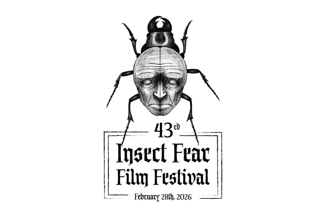 Graphic image of a beetle with a human face on its back, along with the title for the Insect Fear Film Festival.