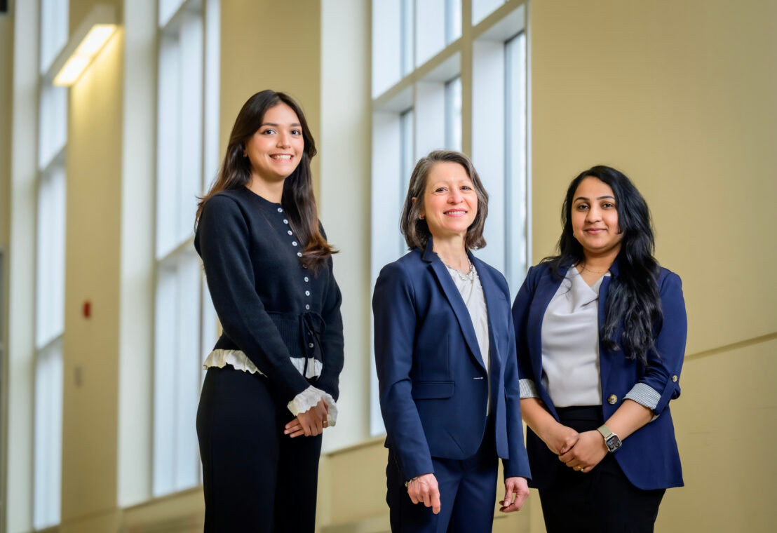 Prof. Sandraluz Lara-Cinisomo, center, and researchers Melany Romero, left, and Sudhamshi Beeram on a study investigating links between postpartum depression and pain during and after childbirth in racial/ethnic minority women.