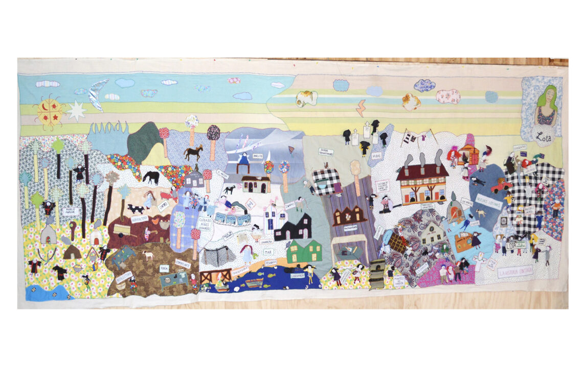 Photo of a 16-foot-long arpillera depicing scenes of Lota, Chile.