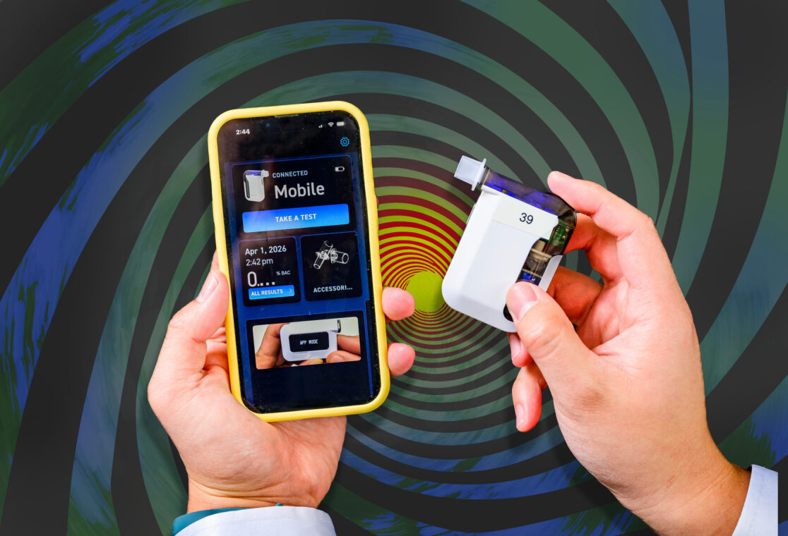 Photo illustration showing breathalyzer and phone app.