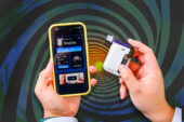 Photo illustration showing breathalyzer and phone app.
