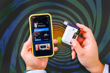 Photo illustration showing breathalyzer and phone app.
