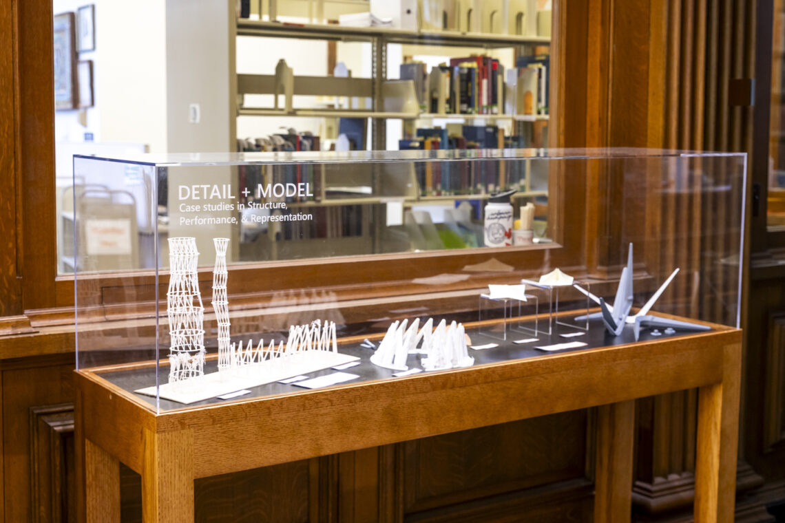 Photo of a case containing architectural models at the Ricker Library of Architecture and Art.