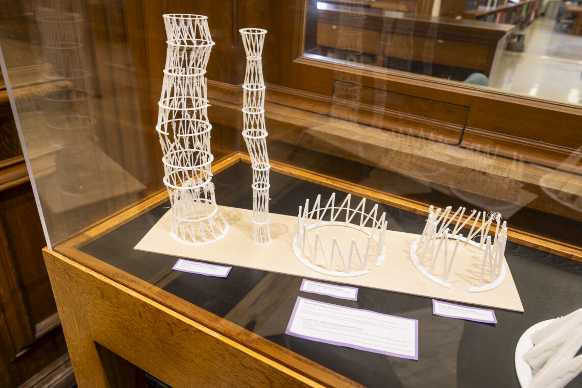 Photo of a case displaying architectural models at the Ricker Library of Architecture and Art.