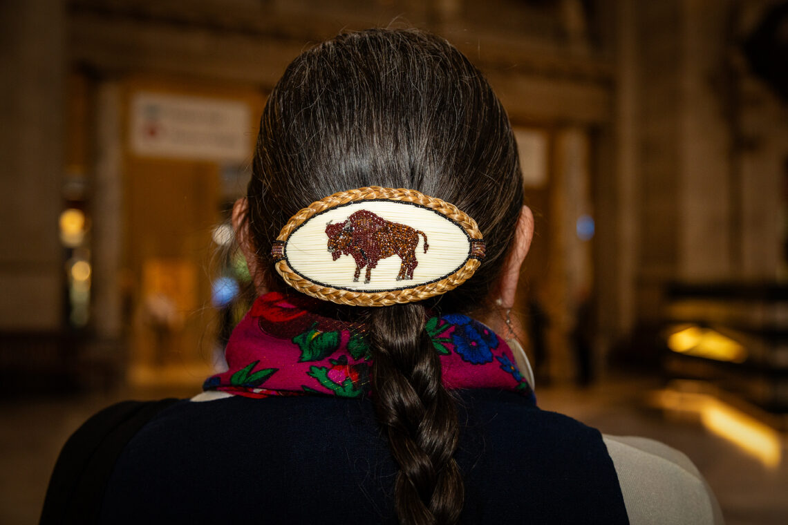 Photo of the back of Rosalyn LaPier's head, with a buffalo hair clip.
