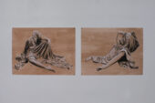 Diptych of two drawings of headless figures in flowing gowns.
