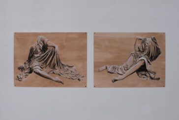 Diptych of two drawings of headless figures in flowing gowns.