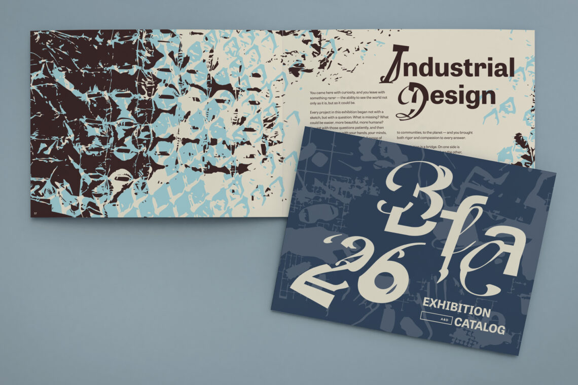 Photo of the BFA exhibition catalog cover and an interior page.