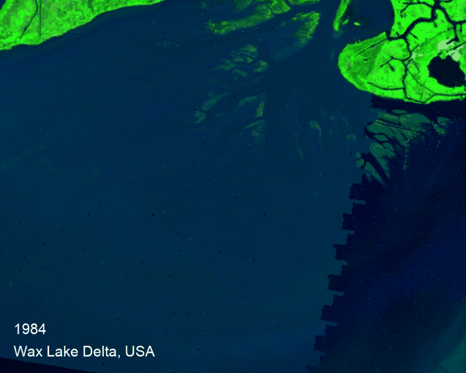 A time-lapse image of the Wax Lake delta showing the loss and growth of land over time.