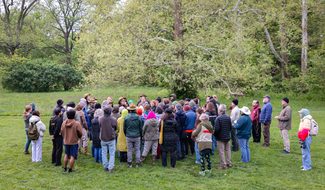 Photo of a group of people gathered outside in a circle in a grassy area with woods in the background.