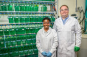 Photo of researchers in the laboratory. They are standing in front of dozens of fish tanks.