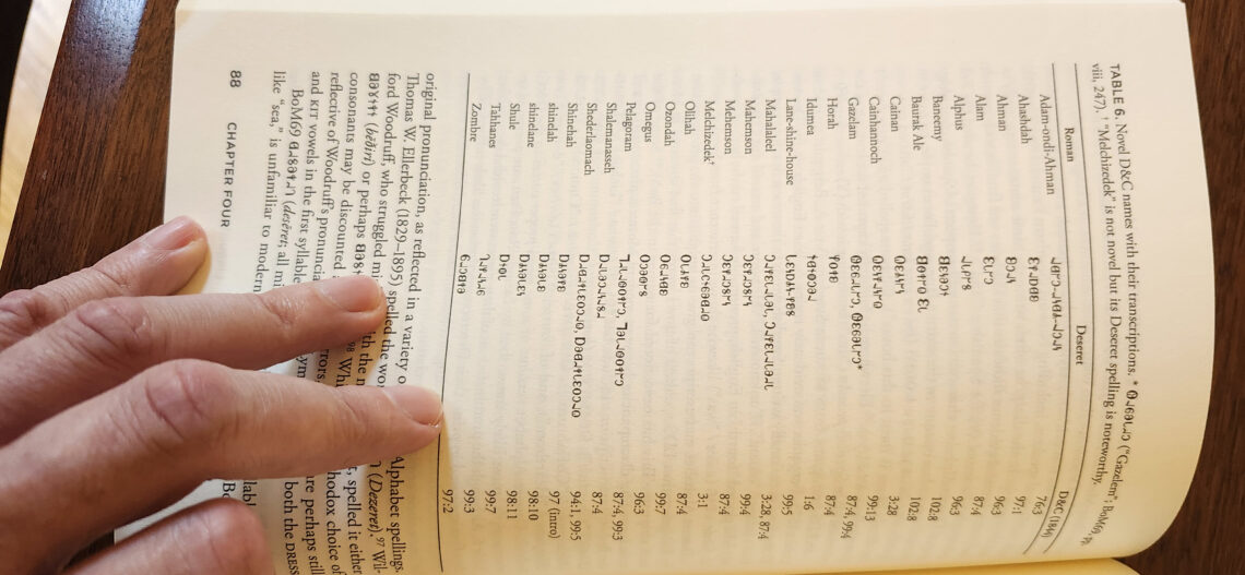 Photo of an open book with a page with words written in the Deseret alphabet.