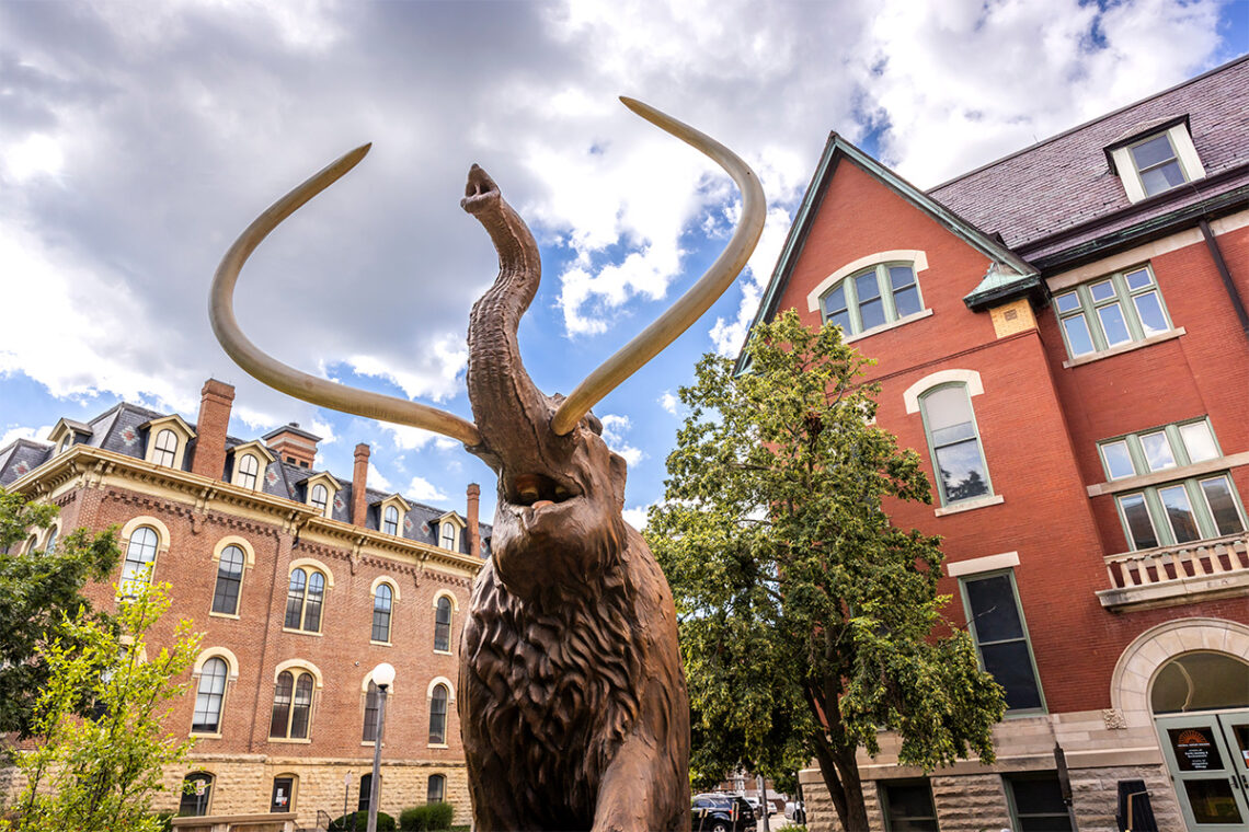 Photo looking up at a mammoth sculpture, with the Natural History Building and Harker Hall in the background.