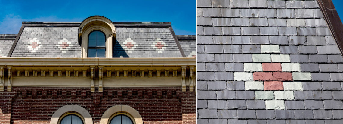 Two views of Harker Hall roof showing the ornamental use of blue-gray, teal and red slates in a geometric pattern.