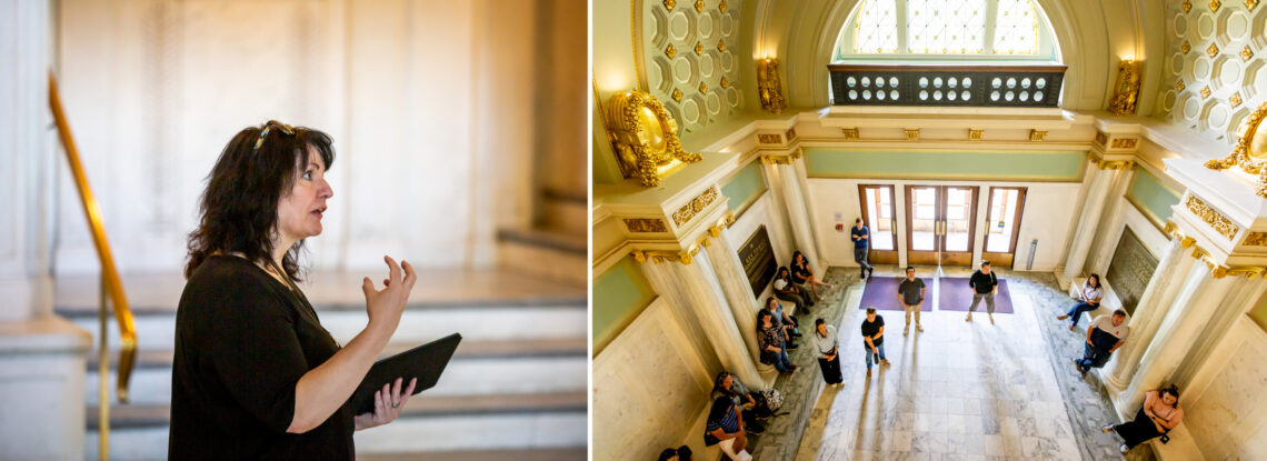 Two photos: On the left, Lois Yoksoulian gestures as she describes the geological processes at work in "Alabama white" limestone; on the right, an overhead photo of the tour in Lincoln Hall, with it's gorgeous floor, columns and other architectural details.