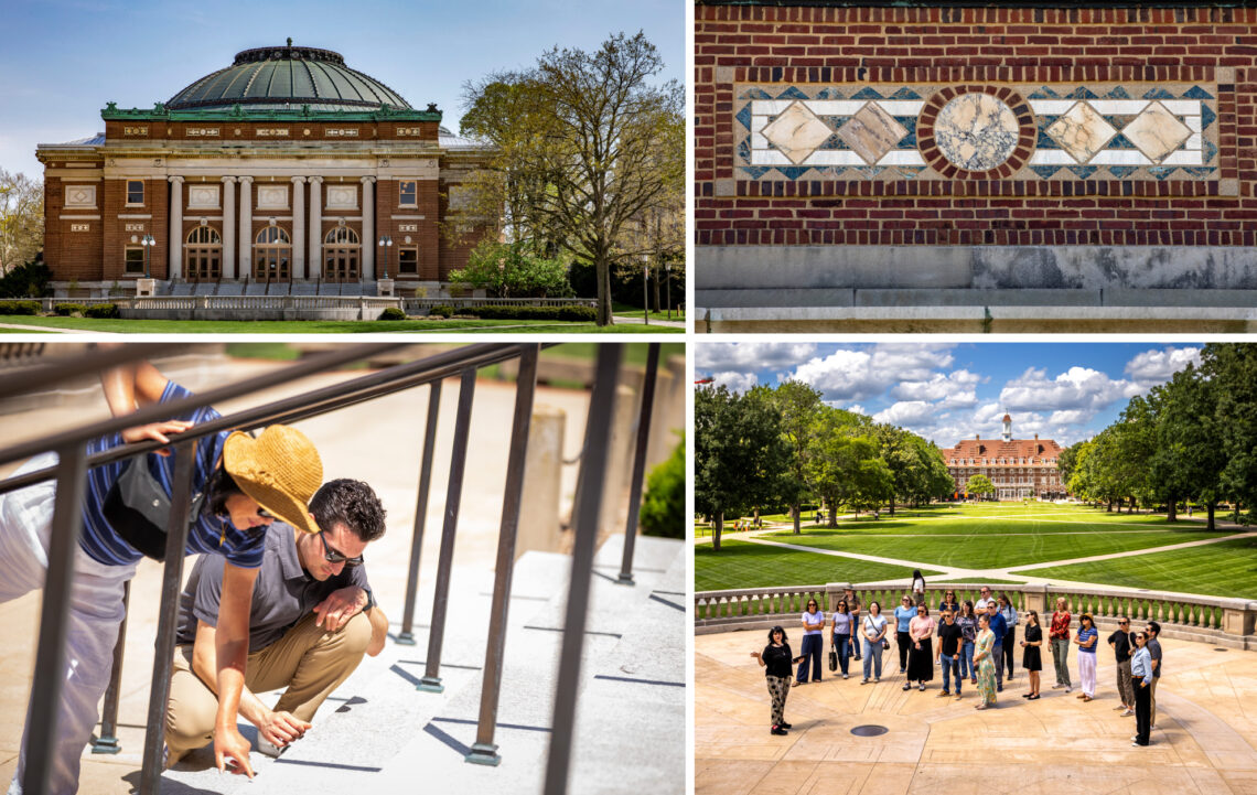 Four photos: upper left, outside of Foellinger Hall; upper right, stone details on the facade of FH; lower left, two people inspecting the granite steps; and lower right, Lois Yoksoulian leading the tour (same image as the main photo at the top of the page).