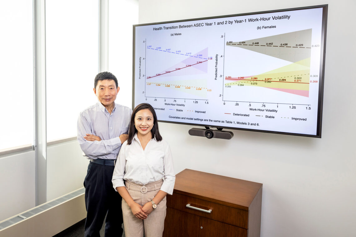 Professor Tim Liao and graduate student Sinyee Qianyi Lu standing before a screen showing the graphs of their data on work-hour volatility's effects on health.
