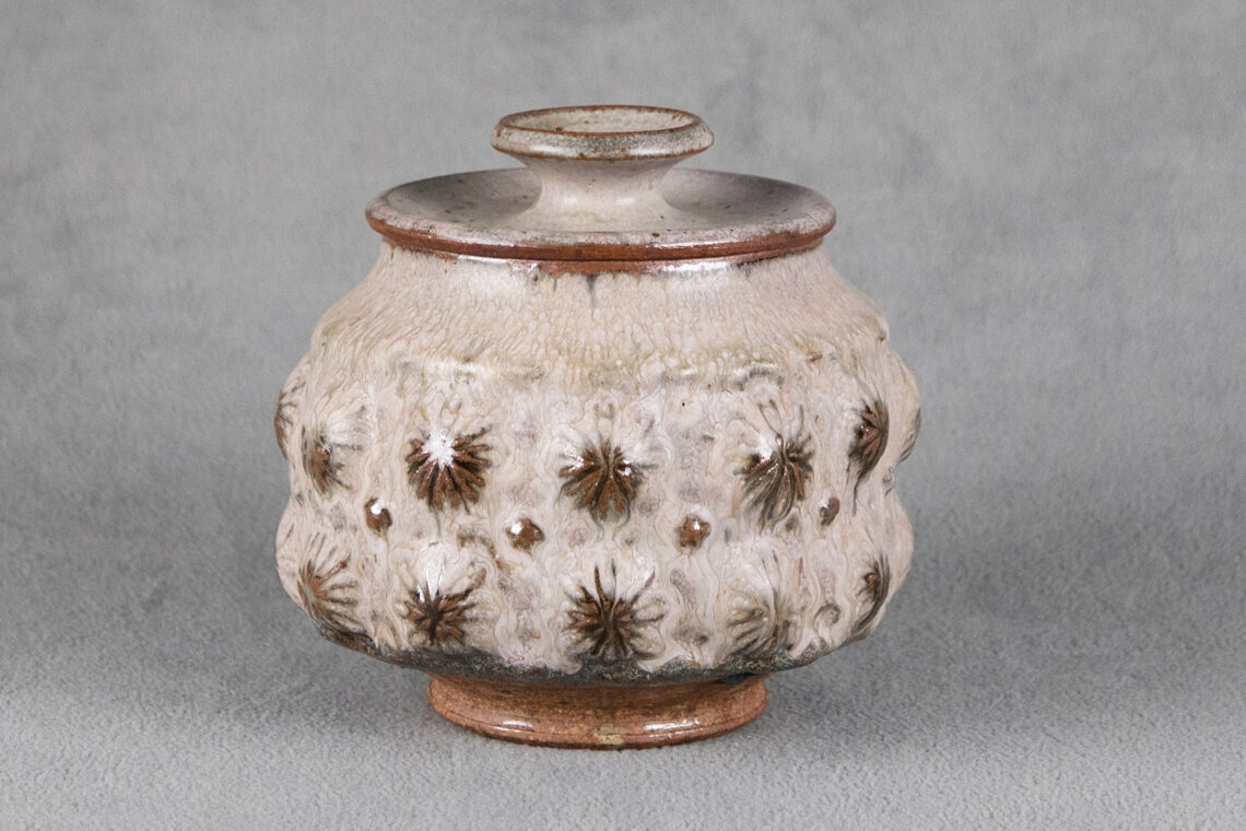Photo of a buff-colored ceramic pot with brown starlike accents.