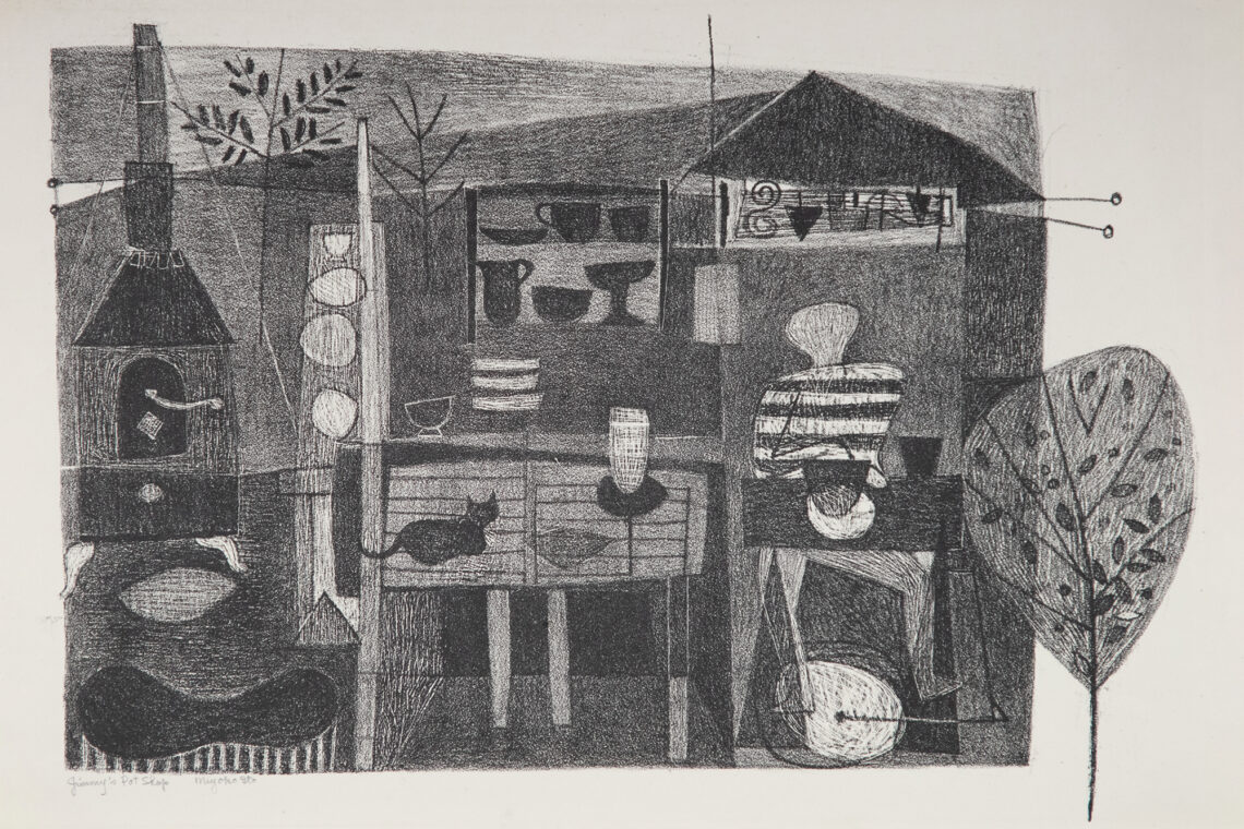 Image of a black and white lithograph featuring a person working at a pottery wheel with pots on shelves, a kiln and a cat.