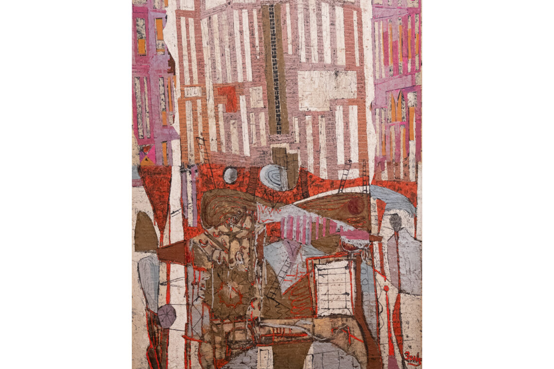 Image of an abstract painting with vertical lines in pinks, creams and tans and a brown expanse in the center/bottom of the painting.