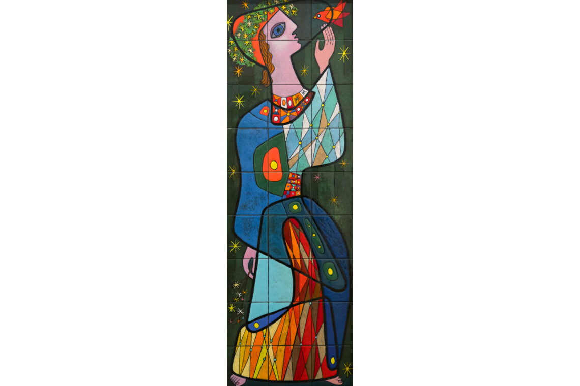 Photo of a vertical multicolored enamel panel featuring a figure holding up a hand toward a bird.