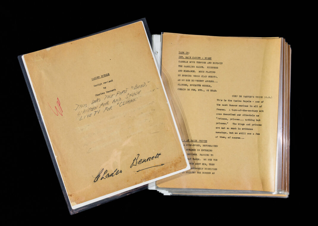 The original script for a TV adaption of “Casino Royale,” signed by adaptation author Charles Bennett.
