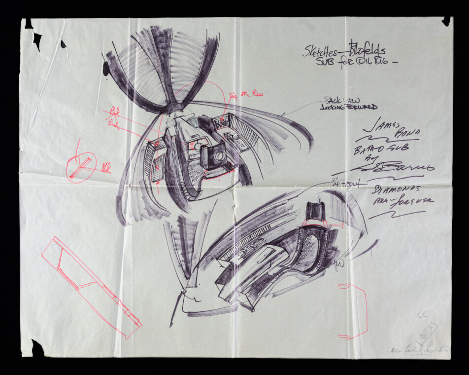 A sketch of the bath-o-sub from the film “Diamonds are Forever.”