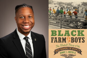 Diptych image of Bobby J. Smith II and book cover for "Black Farm Boys."