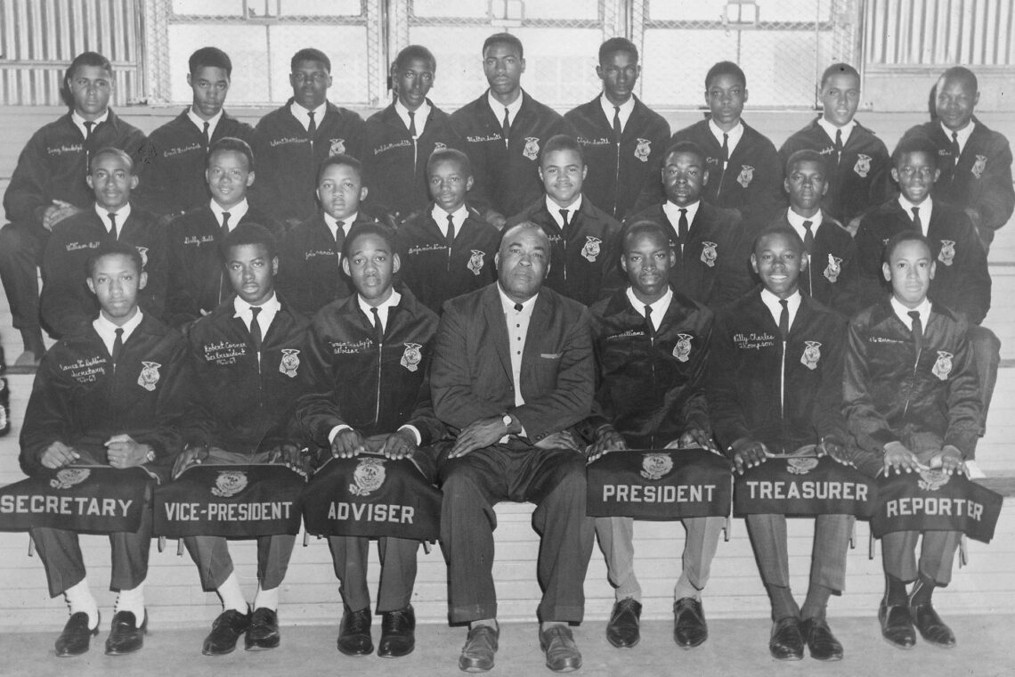 Black and white yearbook-style group photo of the Randolph New Farmers of America chapter, La Grange, Texas, circa 1962.