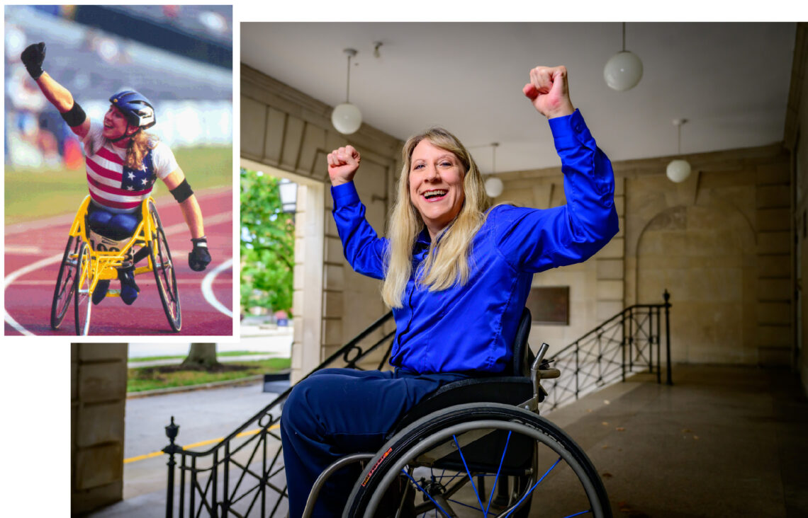 Two photos of Driscoll. The larger shows her flexing her arm muscles outside the AHS building. Inset of her with fist in the air after winning a race.