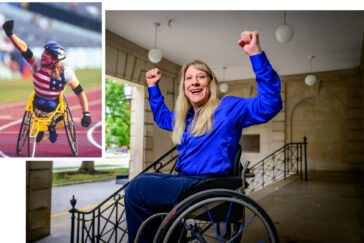 Two photos of Driscoll. The larger shows her flexing her arm muscles outside the AHS building. Inset of her with fist in the air after winning a race.