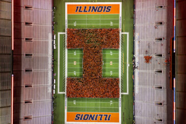 A record number of first-year University of Illinois Urbana-Champaign students form the Block I on the Gies Memorial Stadium field during Welcome Week 2026. Photo by Andy Savage
